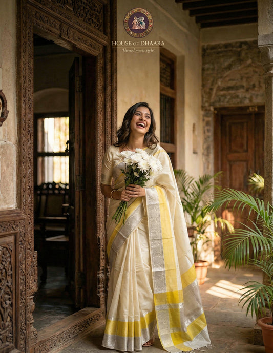 White & yellow Mangalagiri  silk kanchi border saree