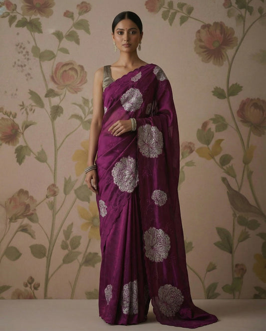 Wine Soft organza tissue saree with applique work