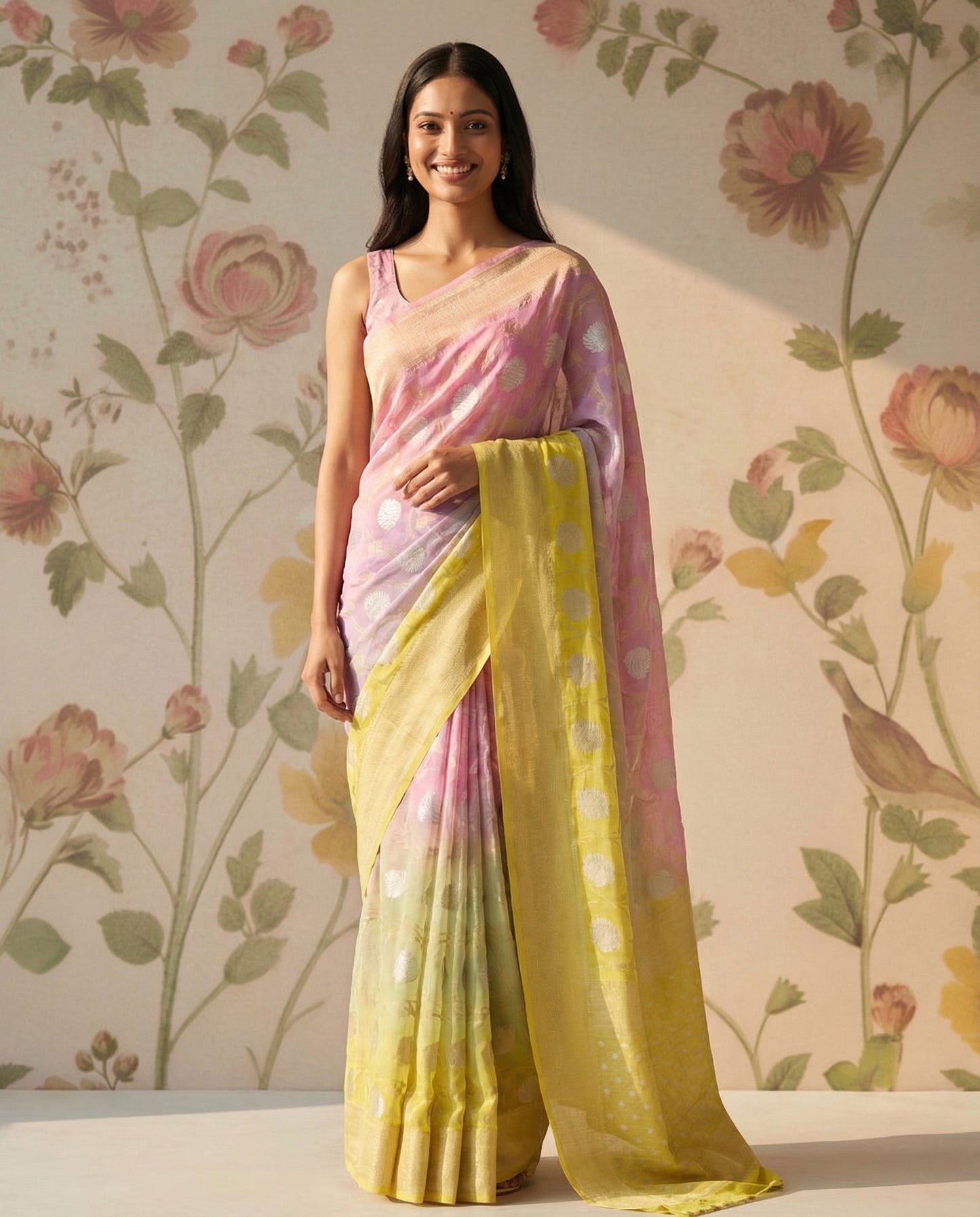 Yellow, Pink & Lavender 4D Georgette Saree