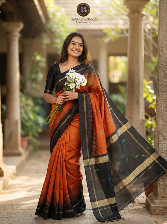 Jute cotton jamdhani saree - Orange & Black