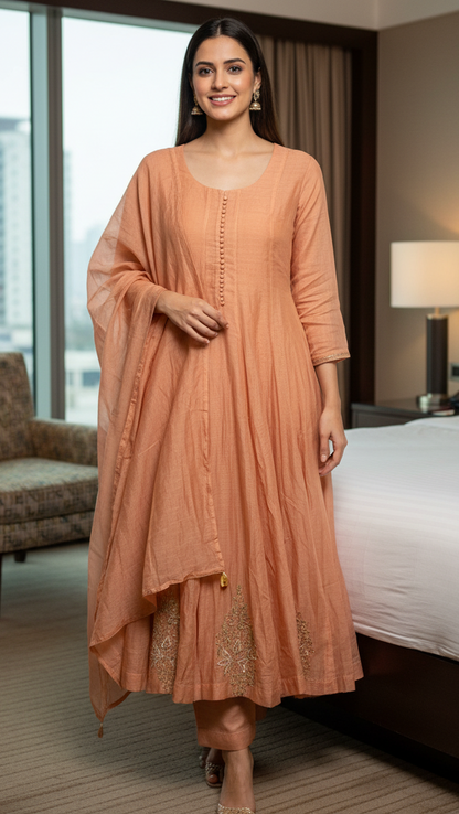 Purple/ Peach Mul Chanderi Kurti Set