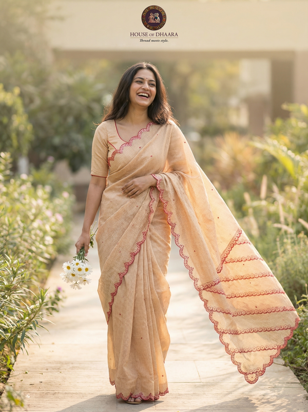 Pure cotton cut work saree - Cream & red